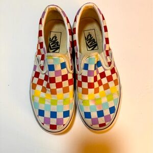 Rainbow checkered slip on vans. 6.5 women’s and 5.0 in men’s